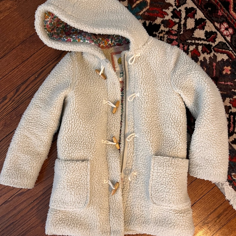 Mini Boden Sherpa Cream Hooded Toggle Coat